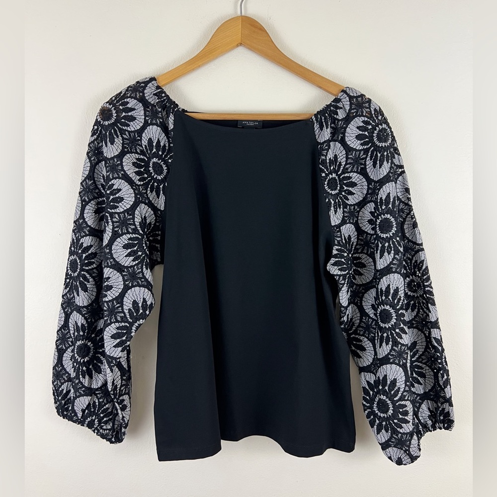 Ann Taylor Factory Lacey Floral Puff Cinched Sleeves Square Neck Boho Top